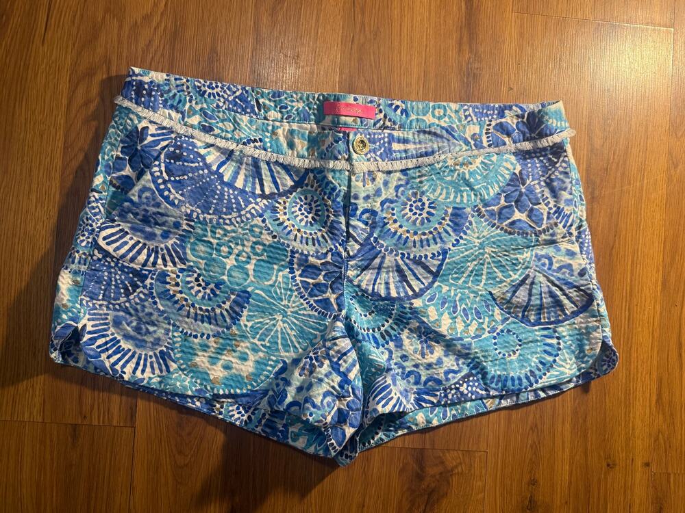 Lilly Pulitzer Adie Shorts Blue Seashell Starfish Print Fringe Trim Size 16